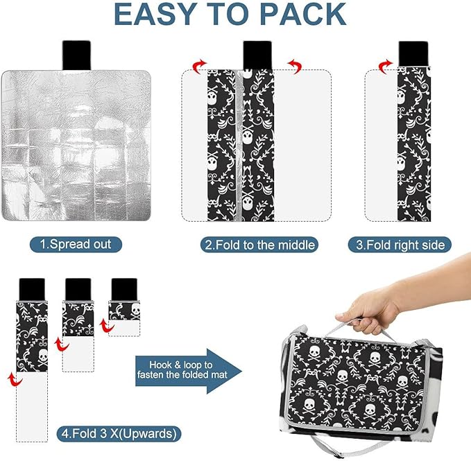 Gothic Skulls Damask Style Black White Waterproof Outdoor Picnic Blanket Sandproof Beach Mat for Camping Hiking Grass Travelling