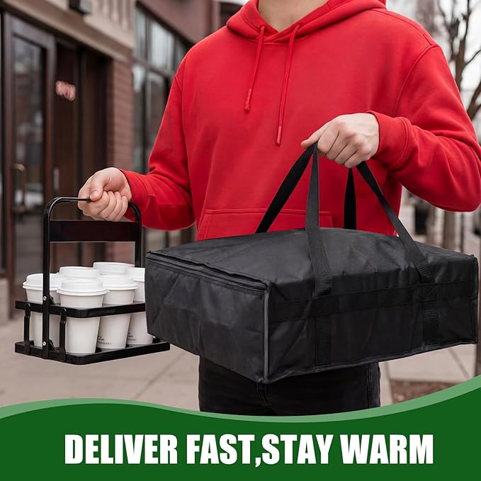 Insulated Food Delivery Bag Pizza Cooler Bag with Hard Bottom &amp Drink Carrier Thermal Hot Cold Grocery Tote for Food Delivery Travel Shopping and Catering (Black20 x 20 x 6 Inch)