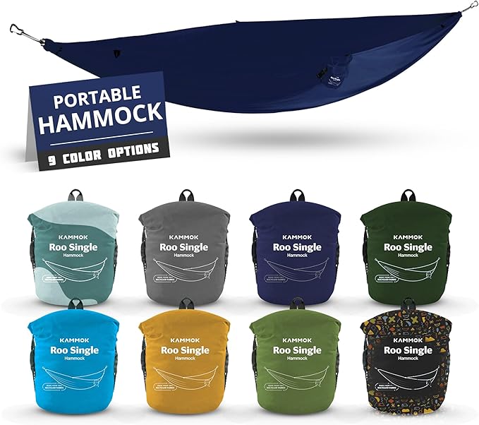 KAMMOK: Roo Single Hammock | Made from Strong &amp 100% Recycled Water Resistant Ripstop Fabric | Comfortable Packable Lightweight (Lifetime Adventure Grade Warranty) Midnight Blue