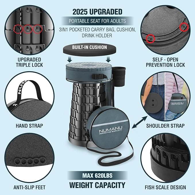 NUMANU 2026 Upgraded Collapsible Stool &amp 3IN1 Cushioned Carry Bag 2.5-18 Height Adjustable Max 620lbs Portable Retractable Telescoping Seat Foldable Camping Stool or Footrest for Adults (Roun