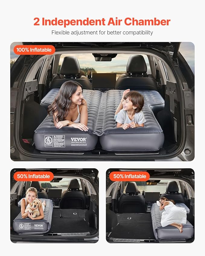 VEVOR Car Air Mattress Inflatable Car Camping Mattress Oxford Thickened Travel Beds Comfortable and Durable Portable Sleeping Pad with Air Pump Nozzle Carry Bag Fits Most SUV MPV Sedan Gray