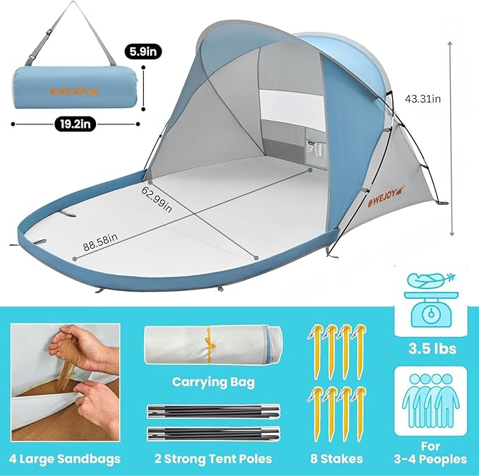#WEJOY Beach Tent Sun Shelter Windproof Reinforced 9.5mm Frame 4 Person Easy Up Beach Shade UPF 50+ UV Protection Beach Cabana Travel Canopy Portable Sun Shelter for Beach Baby &amp Family