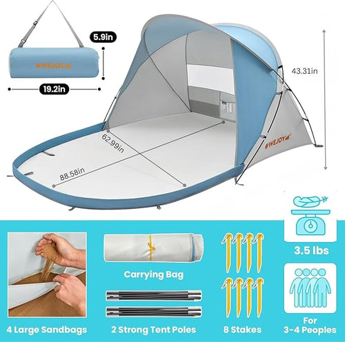 #WEJOY Beach Tent Sun Shelter Windproof Reinforced 9.5mm Frame 4 Person Easy Up Beach Shade UPF 50+ UV Protection Beach Cabana Travel Canopy Portable Sun Shelter for Beach Baby &amp Family