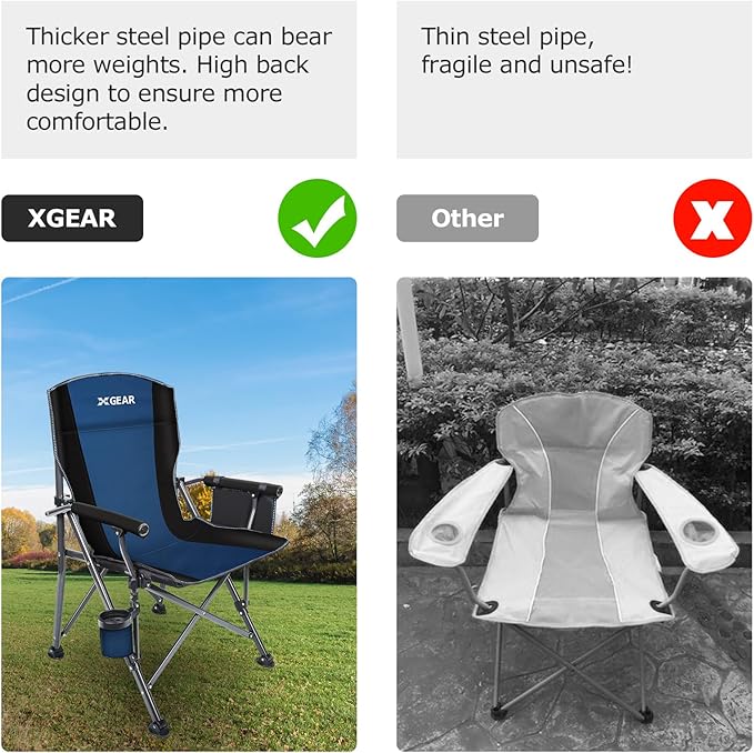 XGEAR Camping Chair with Padded Hard Armrest Sturdy Folding Camp Chair with Cup Holder Storage Pockets Carry Bag Included Support to 400 lbs
