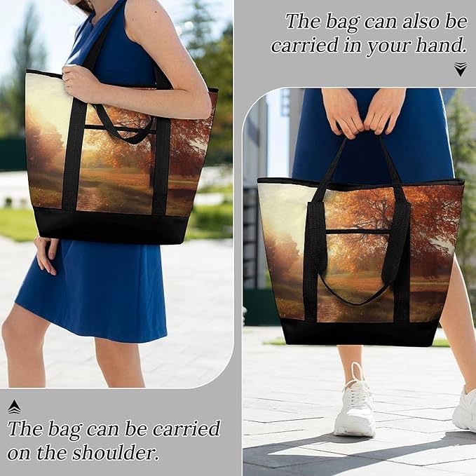 Insulated Shopping BagLarge Reusable Cooler Bags Autumn Scene Printed Foldable Shopping BagTravel Waterproof Shoulder Bag