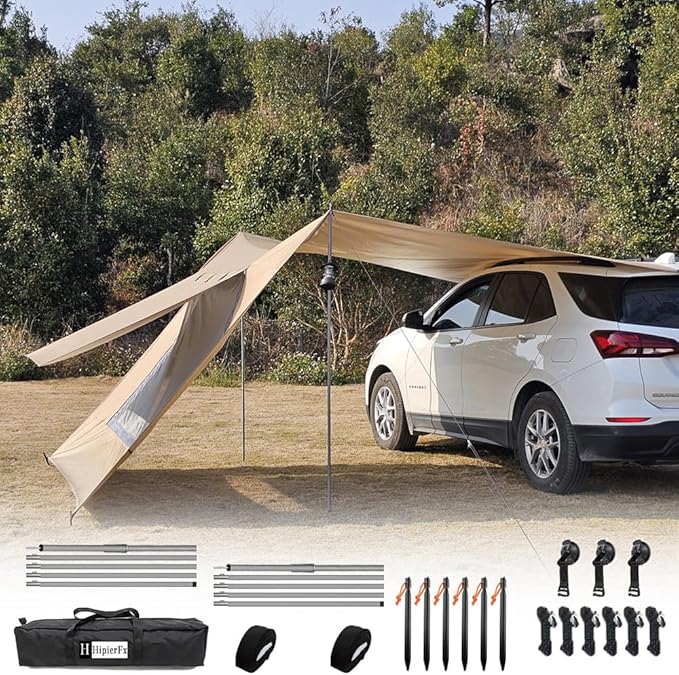 10x16 ft Car Side Awning with Pole Camping Tarp with Screen Window Car Tent for Cars Vans SUV Sun Shelter (Khaki)