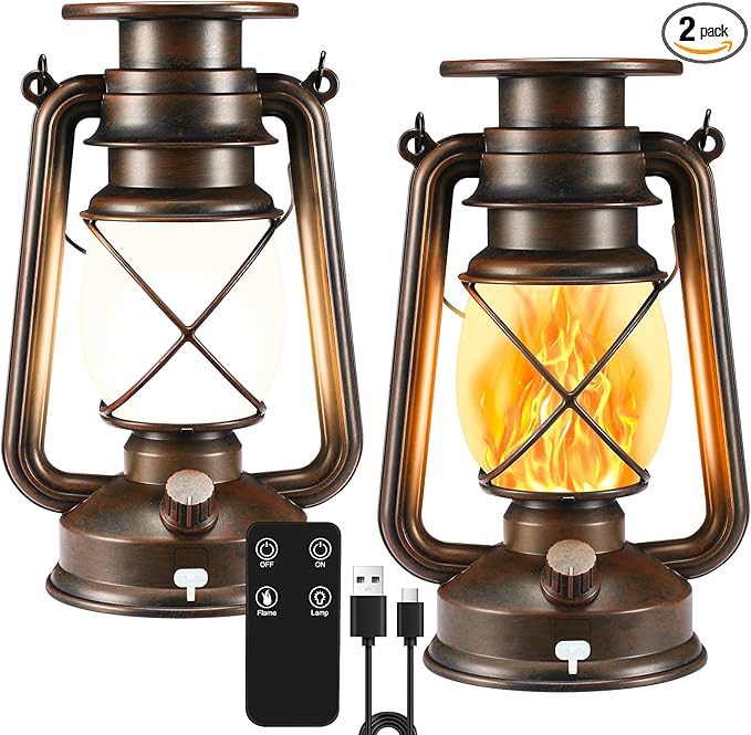 Solar Lantern Outdoor Hanging Solar Lights Flickering Flame LED Vintage Lantern Waterproof Camping Lamps Auto On/Off Landscape Decor for Patio Garden Yard Pathway Porch Rechargeable Lanterns 2Pack