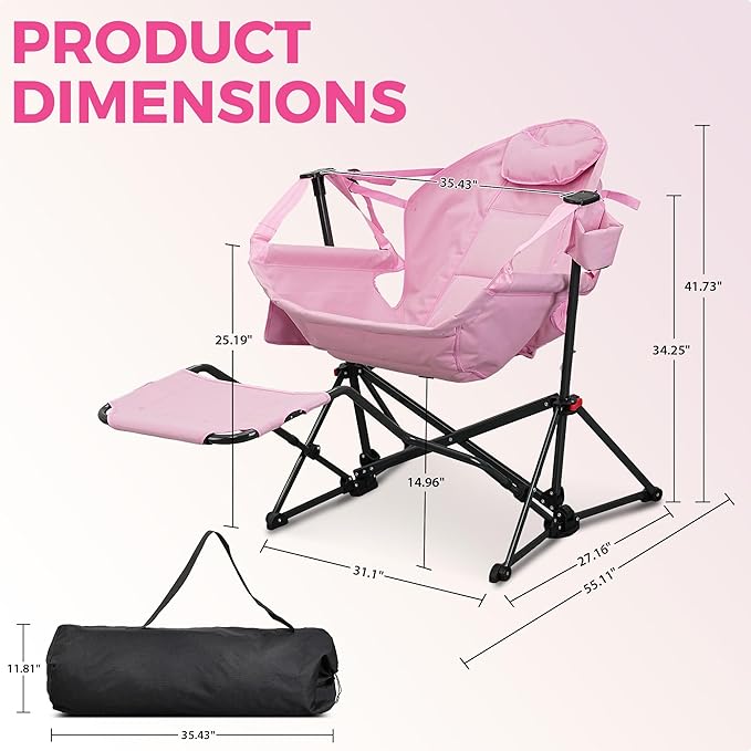 Ainfox Hammock Chair with Footrest Oversized Swinging Portable Folding Camping Chairs for Adults Outside Swinging Camp with Cup Holder Pillow for Outdoor Patio Lawn Pink