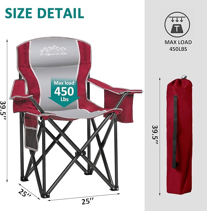 Folding Camping Chair Portable Outdoor Heavy Duty Padded Chairs Lawn Chair with Cup Holder Storage Pocket and Cooler Bag Supports 450LBS Red
