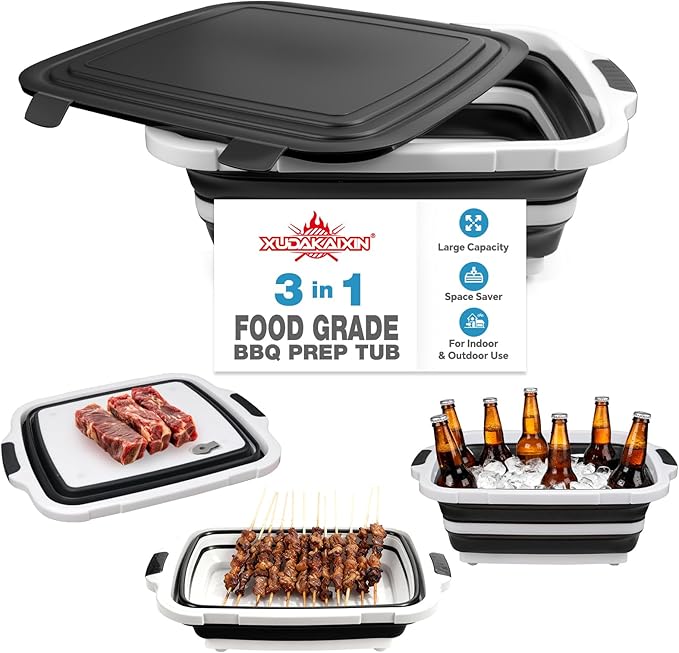 Collapsible BBQ Prep Tub for Meal Prep MarinatingFood Storage picnics camping barbecuescutting fruits and vegetables - Includes Cutting Board and Locking Lid(X-Large) Black