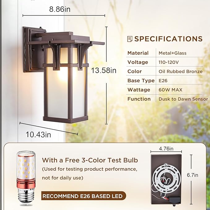 Oil Rubbed Bronze Porch Light Fixtures Wall Mount Dusk to Dawn Outdoor Sconce Waterproof Aluminum with Frosted Glass Exterior Lantern Modern House Lighting for Outside
