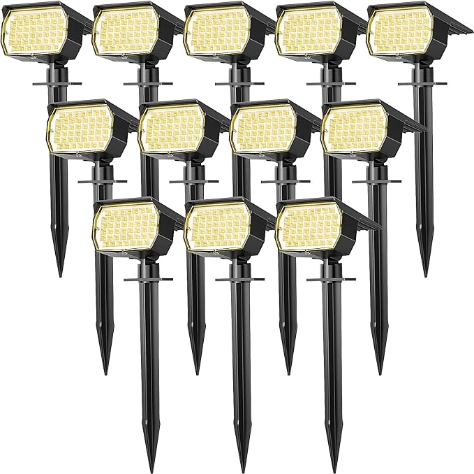 Solar Spot Lights Outdoor Waterproof IP65 12 Pack Landscape Spotlights with 46 LEDs 3 Modes Auto On/Off Solar Powered Flood Lights for Outside Pathway Yard Garden Walkway (Warm White)