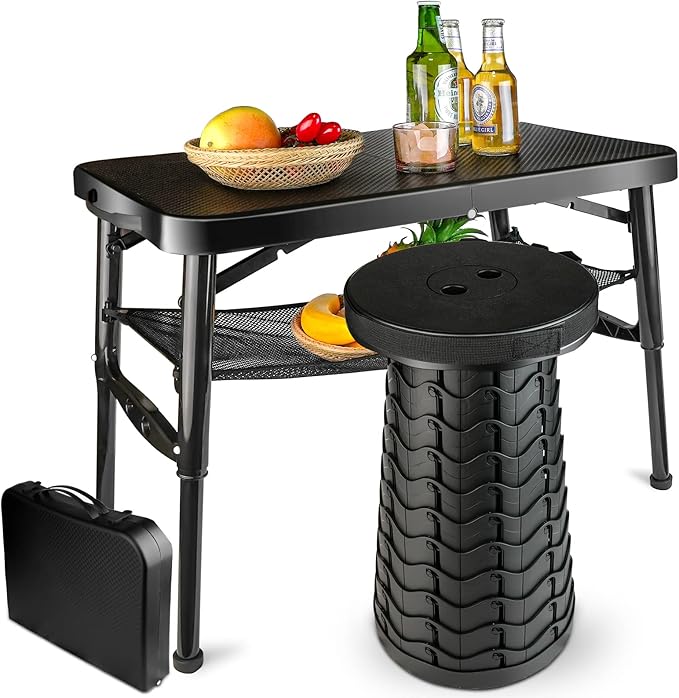 Portable Folding Table and Stool Set Lightweight Foldable Table &amp Collapsible Stool for Camping Picnic Beach Fishing Sturdy Small Outdoor Table with Mesh Layer Storage