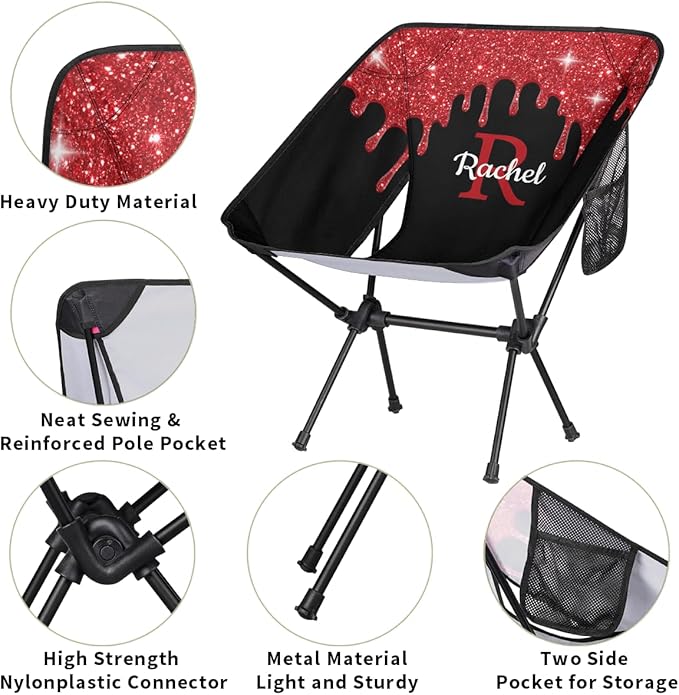 Custom Camping Chair with Name Personalized Portable Backpacking Chair Customized Lightweight Compact Folding Hiking Camp Chairs (Red)