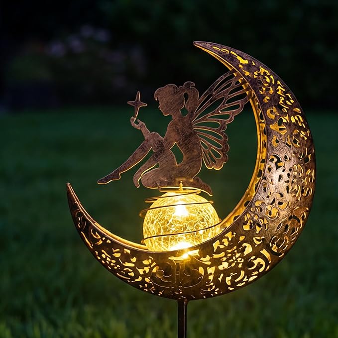 MEBRUDY Fairy Solar Garden Outdoor Decor Moon Figurine Light Stake Housewarming Ornament for Patio Lawn Yard Pathway Unique Gift Ideas for Gardening Mom Grandma Women