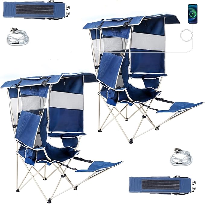 CDEN Canopy Chair Camping Chair with Canopy Chair with Shade Beach Chair USB Type-C DC outlets for Phone provided 30W Output with Solar Panel footrest (2 Pack)