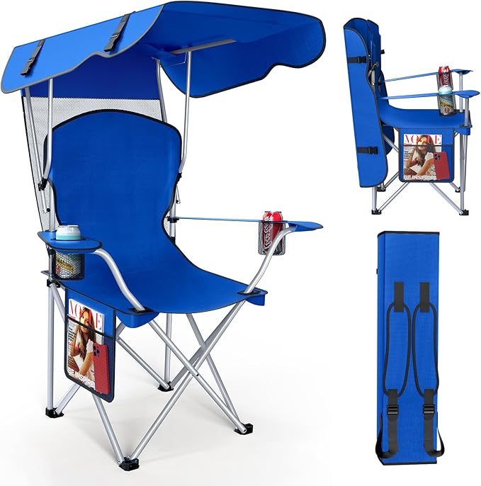 Portable Camping Chair with Canopy - Folding Chair with Canopy Durable 600D Oxford Canopy Chair for Camping Beach Picnics Fishing &amp Sports