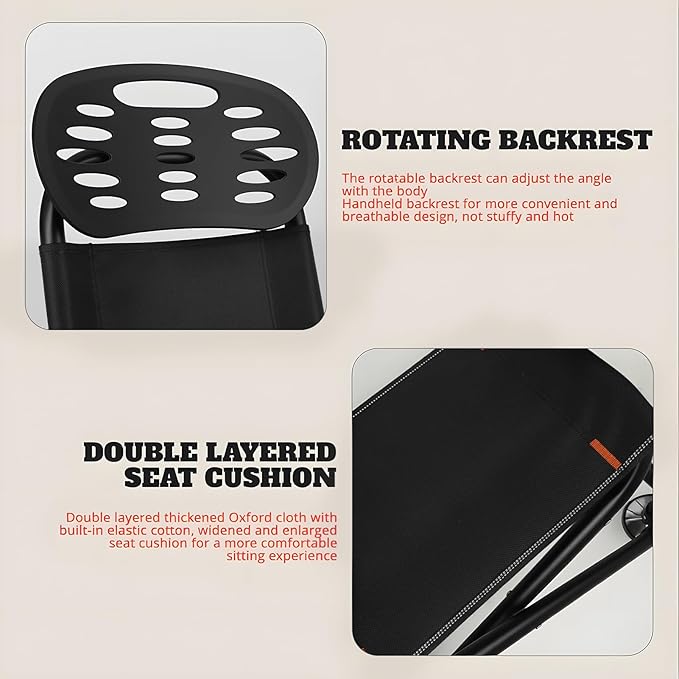 Foldable Fishing Chair with 2 Rod Holders &amp Iron Frame Heavy Duty 300lb Portable Adjustable Camping Chair for Bank Fishing Outdoor Adventures Black