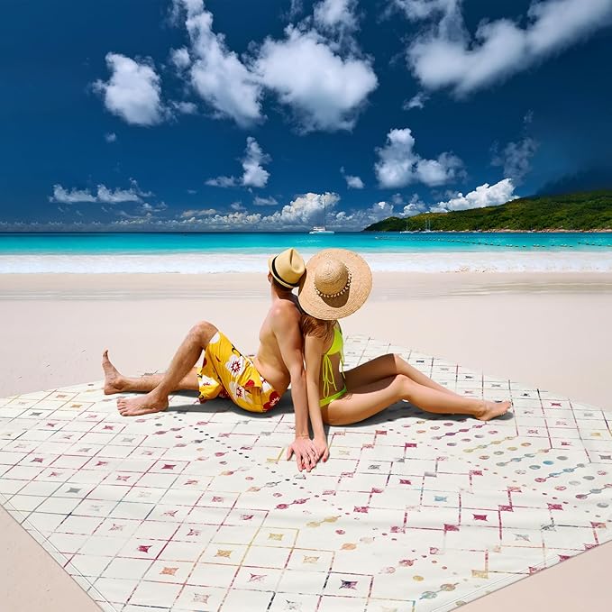 Boho Moroccan Beach Blanket Sandproof Large 78×86 Beach Mat Sand Free Waterproof Fits Up to 4 Adult Compact Quick Dry Polyester Outdoor Picnic Blanket with Stakes for Travel Camping Hiking