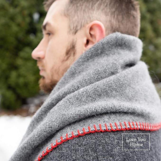 LYHome Merino Wool Blanket - Outdoor Camping and Hiking Throw Extra Warm Army Military &amp Hunting Blankets for Cold Weather Warmest Plaid Sheep Wool (51 x 67 in | Gray - Dark Gray Double-Sided)