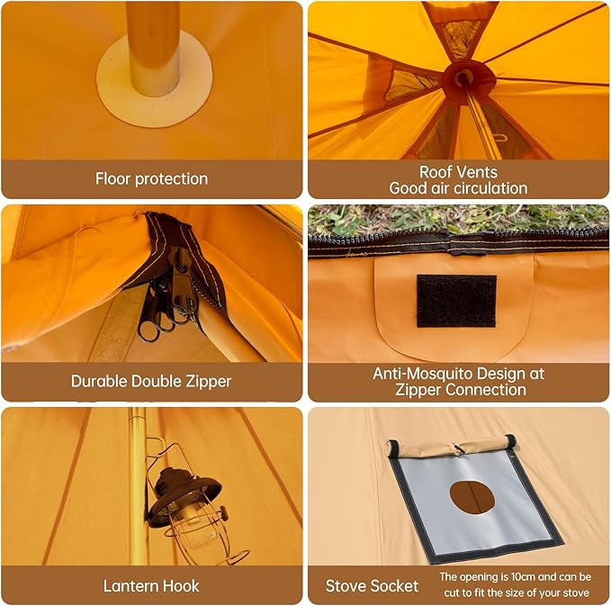 Cotton Canvas Bell Tent with Stove Jack Roomy Yurt for Family Glamping Camping 4 Season Tent with Zipped Removable Floor