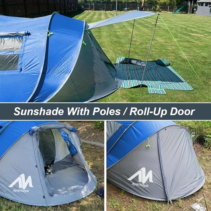 6 Person Easy Pop Up Tents for Camping - AYAMAYA Double Layer Waterproof Instant Tent with Vestibule &amp Porch Large Size Family Tent Automatic Setup for 4-6 People Camping Hiking (Poles Included)