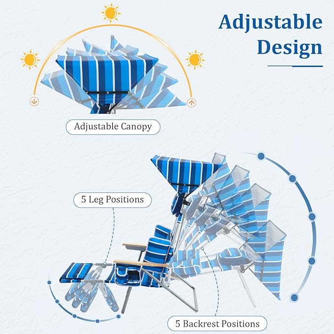70'' Extra Long Beach Lounge Chair Tanning Chair with Canopy &amp Face Holes &amp Arm Holes &amp Storage Pocket Foldable Recliner with Carry Strap (1 Navy Stripe)