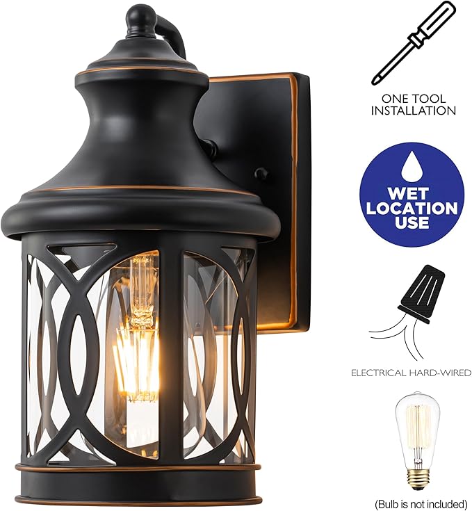 2-Pack Outdoor Wall Lights Porch Lights Waterproof Outdoor Wall Sconce Exterior Light Fixture Oil-Rubbed Bronze Finish with Clear Glass Shade for Garage Patio Front Door Balcony