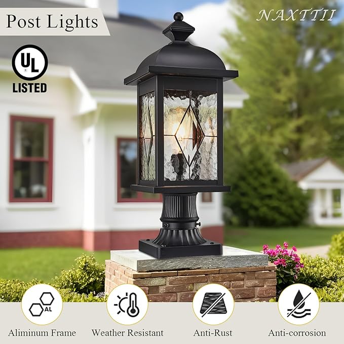 Outdoor Post Lights Exterior Pillar Lantern with Water Ripple Handmade Glass Black Finish 21 Inch Height Large Size Outdoor Post Lighting Fixtures for Walkway Porches Doorway or Garden