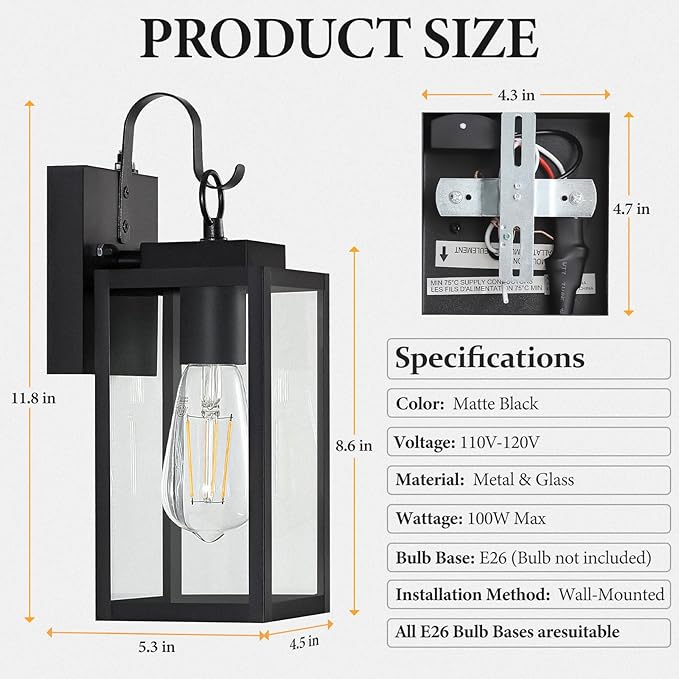 2 Pack 11.8-inch Dusk to Dawn Outdoor Wall Lights Black Exterior Light Fixture with Clear Tempered Glass IP65 Waterproof All-Metal Sconce for Porch Front Door Garage