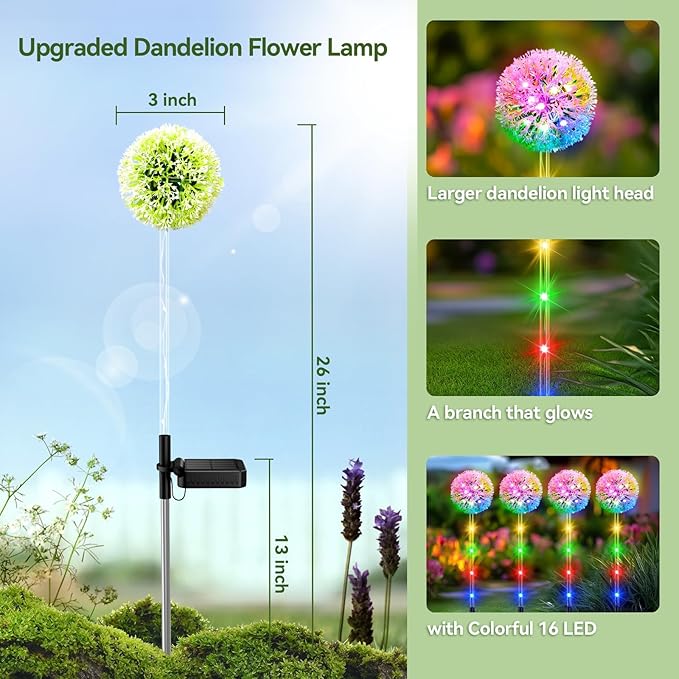 Solar Garden Lights Outdoor Decor: 4 Pack Dandelion Solar Flower Lights 2 Modes 16 LED Colored Solar Lights for Outside Waterproof Decorative Flowers for Yard Patio Gifts for Women Mom