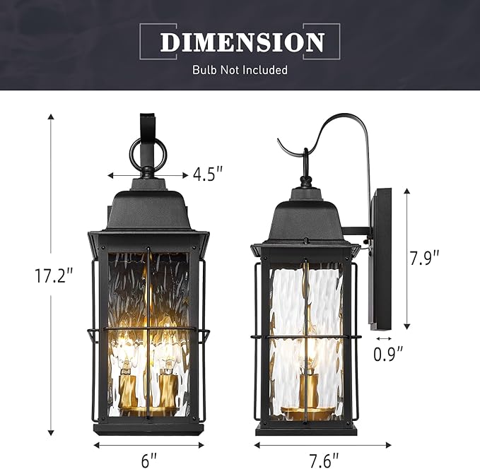 zeyu 17.2 Inch Exterior Black Light Fixture 2-Light Outside Wall Light for House Die-Cast Aluminum with Water Ripple Glass Black and Gold Finish 20071B2 BK+BG-WP