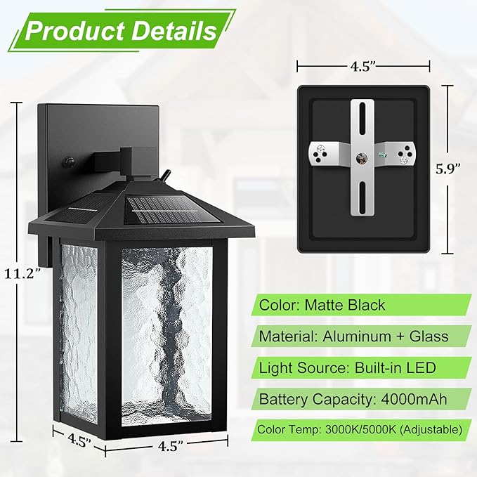 BesLowe Solar Wall Lights Outdoor Aluminum Dusk to Dawn LED Porch Light 3000K/5000K Adjustable Wireless Exterior Lighting Fixtures Solar Wall Lantern Sconce Light for Outside Garage 2-Pack