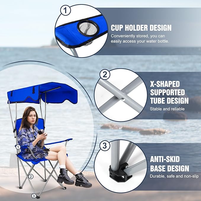 Camping Chair with Canopy Portable Outdoor Folding Beach Chairs with Cup Holder 330LBS Load Lawn Chair for Outside Fishing Beach Picnic (Blue)