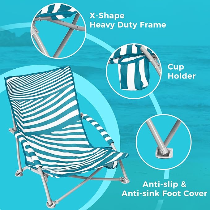 #WEJOY Low Beach Chairs for Adults Lightweight Beach Chair with Cup Holder Heavy Duty Portable Beach Chair for with Carry Bag for Outdoor Lawn Camp Trip Picnic Fishing