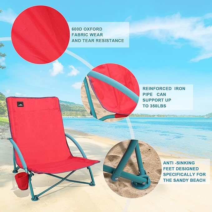 Northroad 2 Pack Low Folding Beach ChairPortable Lightweight Lowback Sling Chair Outdoor Low Seat Camping Chair w/Cup Holder &amp Carry Bag for Sand Camping Lawn Picnic FestivalPink