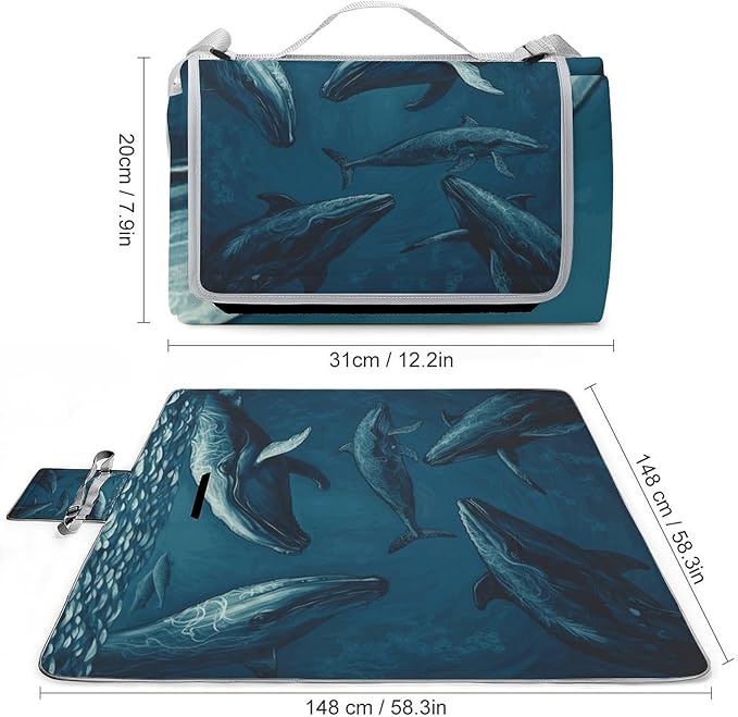 Ocean Whale Beach BlanketPortable Waterproof Picnic Blanket58.3''x 58.3'' Extra Large Picnic Mat for BeachCamping Grass Lawn Park Accessorie for Festival BBQ