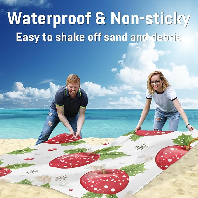 Waterproof Sandproof Beach Blanket 59''×68'' Holiday Apple Polyester Outdoor Picnic Blanket with 4 Stakes &amp Storage Bag for BeachCampingVacation White