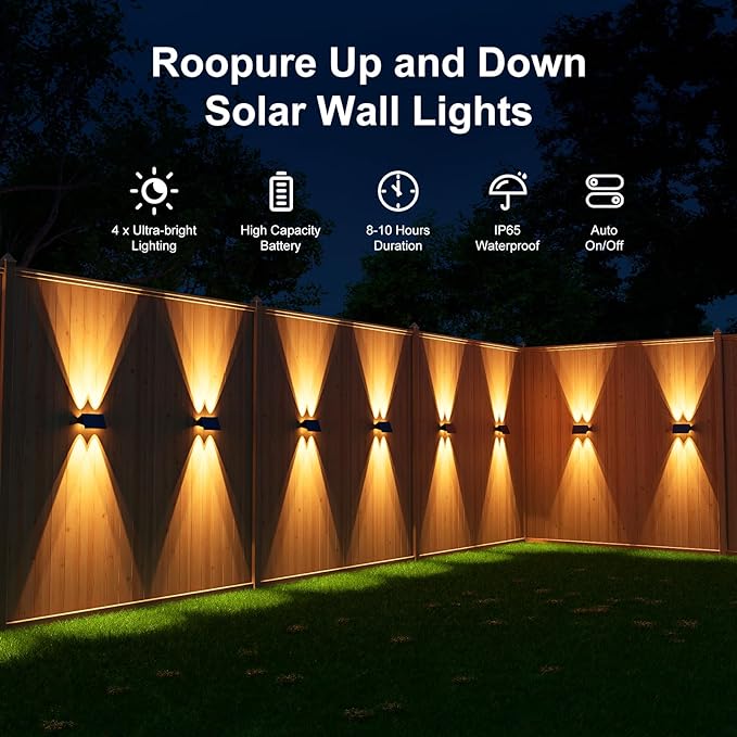 16 Pack Solar Up and Down Fence Lights Outdoor Decorative Wall Mount LED Waterproof Yard Lamps for Outside Deck Patio Porch House Backyard Garden Powerful Illumination for Safe Night(Warm White)