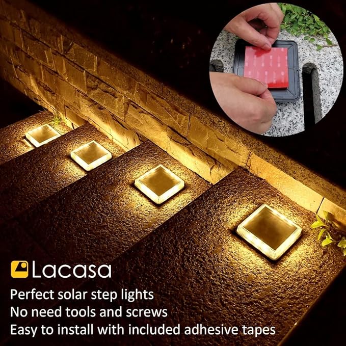 Lacasa Solar Deck Lights 4 Pack Warm White Outdoor In-Ground Driveway Walkway Dock IP68 Waterproof Solar Powered Stair Step Pathway Fence Auto On/Off LED for Garden Yard Patio