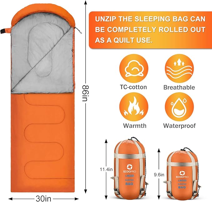 ECOOPRO Warm Weather Sleeping Bag - Portable Waterproof Compact Lightweight Comfort with Compression Sack - Great for Outdoor Camping Backpacking &amp Hiking-83 L x 30 W Fits Adults