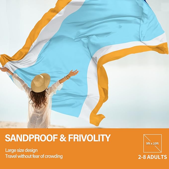 Beach Blanket Oversized Extra Large 10'X 9'Waterproof Sandproof Beach Blanket 2-8 Adults Lightweight Durable for Travel Camping Hiking Picnic (10'X 9' Orange&ampBlue)