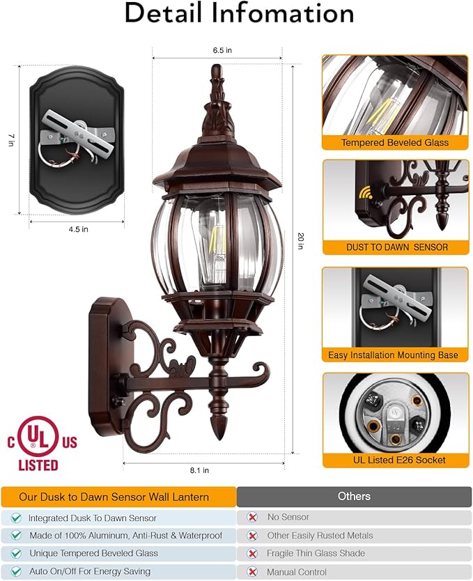 VIANIS Oil Rubbed Bronze Outdoor Light Fixtures Wall Mount Modern Front Porch Lanterns Wall Sconce Anti-Rust Outside Garage Lights Dusk to Dawn Lighting for Patio Waterproof Coach Lights for House