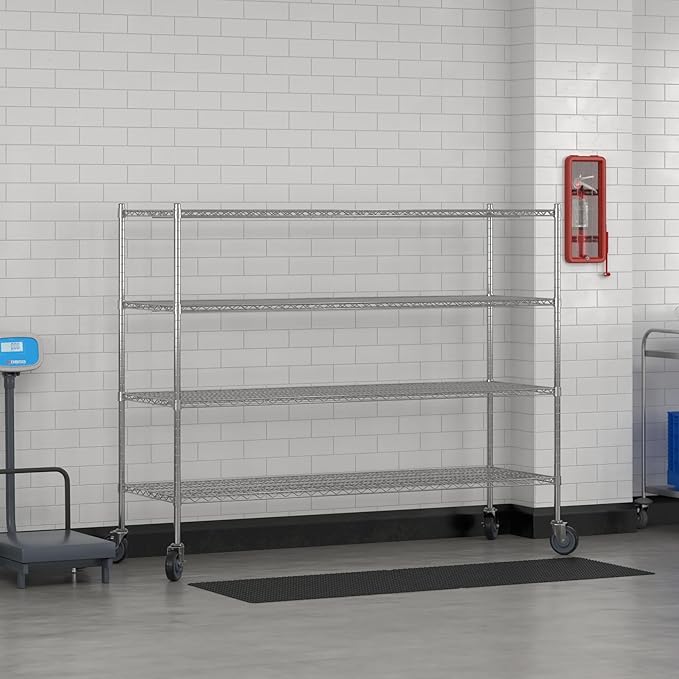 Commercial NSF Listed Chrome Mobile Wire Shelving Kit 24 x 72 x 60 with 4 Shelves Perfect for Warehouse Walk-in Refrigerator Freezer Grocery Store Restaurant Dishroom