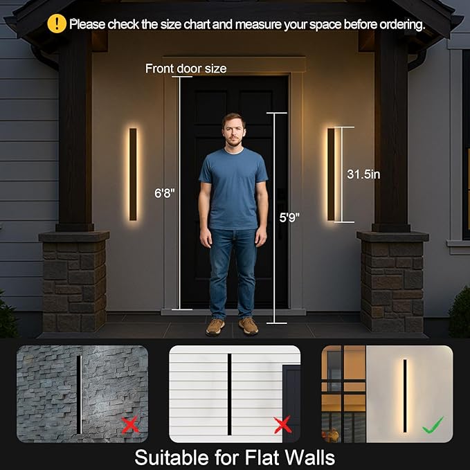 Porch Wall Lights - 2pack 31.5inch Long Strip Modern Outdoor Wall Light Fixture Black Wall Mount Exterior Lighting Wall Sconce Outside Garage Lights for House Courtyard Corridor