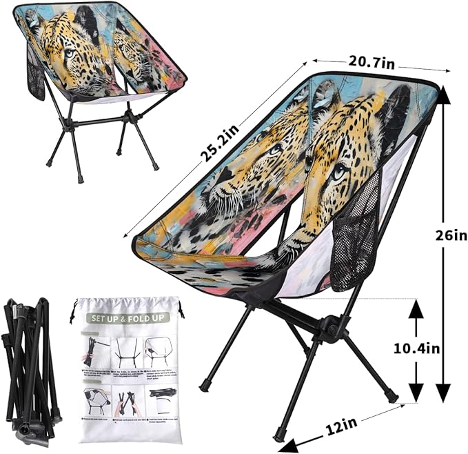 Cute Tiger Camping Chair Lightweight Portable Chairs for Adults Easy Installation Outdoor Foldable Camping Chair for Camping Fishing Hiking Picnic Beach