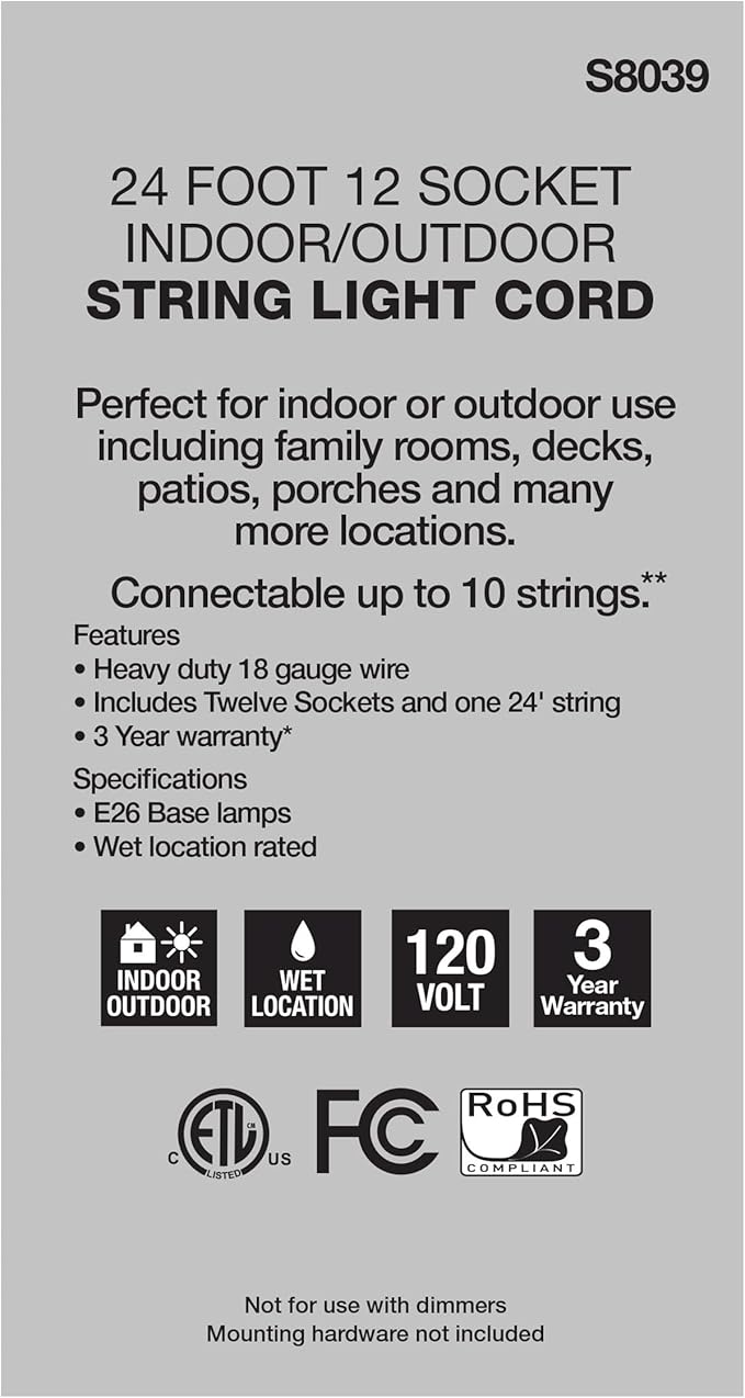 Satco S8039 Incandescent Indoor/Outdoor String Lights Black Bulbs Not Included 24 Feet (Pack of 1)