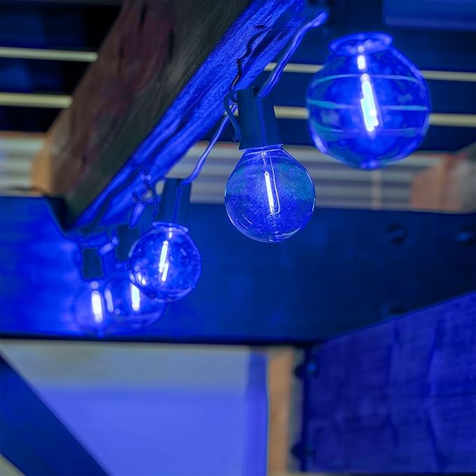 Novelty Lights 25 Pack Blue G40 LED Filament String Light Bulbs E12/C7 Candelabra Base 5 Watt Equivalent Shatterproof Replacement Bulbs for Patios Canopy Lighting