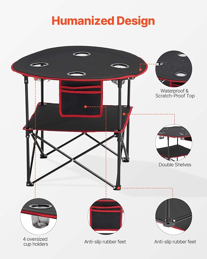 VEVOR Folding Camping Table Portable Outdoor Lightweight Picnic Table 600D Oxford Fabric Waterproof Canvas Travel Beach Tables with 4 Cup Holders Carry Bag for Tailgating Camping Picnic Black