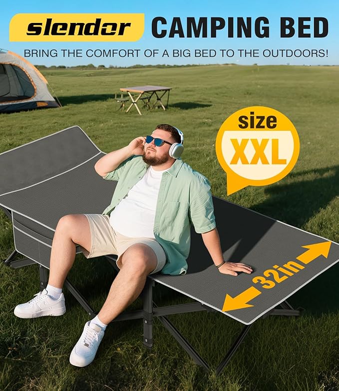 Slendor XXL Camping Cot Extra Wide Sleeping Cot for Adults 79 L x 32 W x 19 H Camping Bed with Mattress Pillow Carry Bag Outdoor Bed for Travel Guest Gray Cot